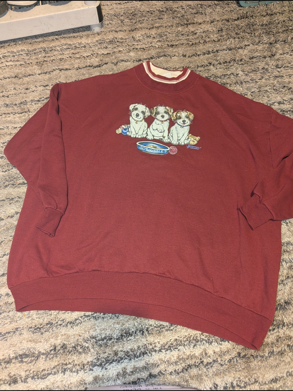 Women's Maroon Crewneck Sweater with Puppy Graphic